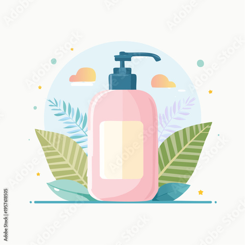 Flacon pompe rose illustré, produit de soin naturel et esthétique