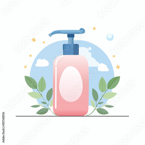 Flacon pompe rose illustré, produit de soin naturel et esthétique