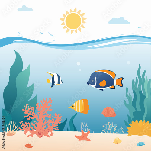 Scène sous‑marine colorée avec poissons tropicaux et coraux