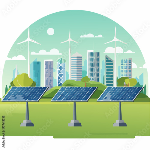 Énergies renouvelables avec panneaux solaires, éoliennes et ville moderne en arrière‑plan