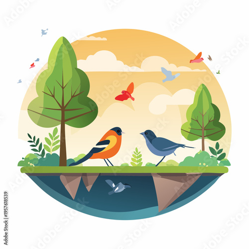 Illustration de biodiversité : oiseau coloré, papillon et nature préservée