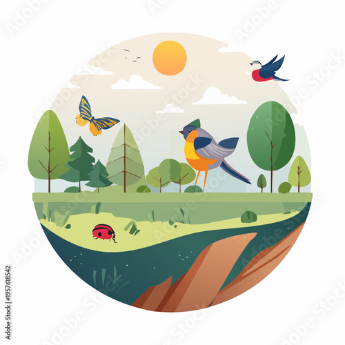 Illustration de biodiversité : oiseau coloré, papillon et nature préservée