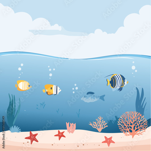 Scène sous‑marine colorée avec poissons tropicaux et coraux