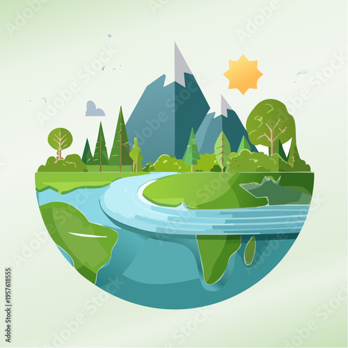 Illustration de la Terre avec nature, montagnes et rivière, symbole d’écologie et d’harmonie