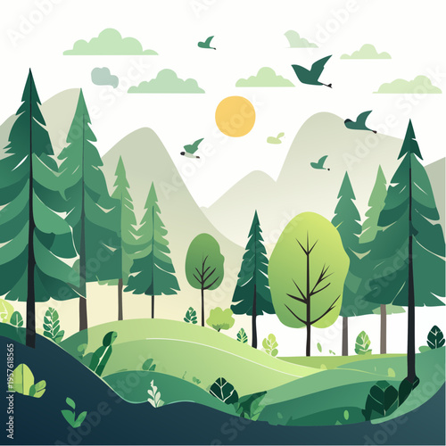 Paysage naturel illustré avec forêt, montagnes et soleil