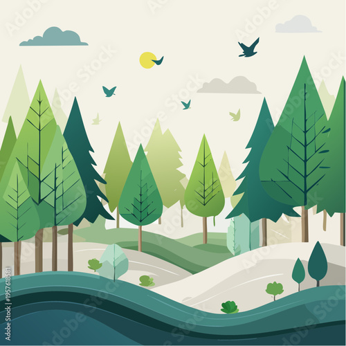 Paysage naturel illustré avec forêt, montagnes et soleil