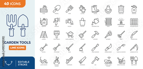Garden tools icon set. Outline icons collection. Editable stroke. Vector illustration
