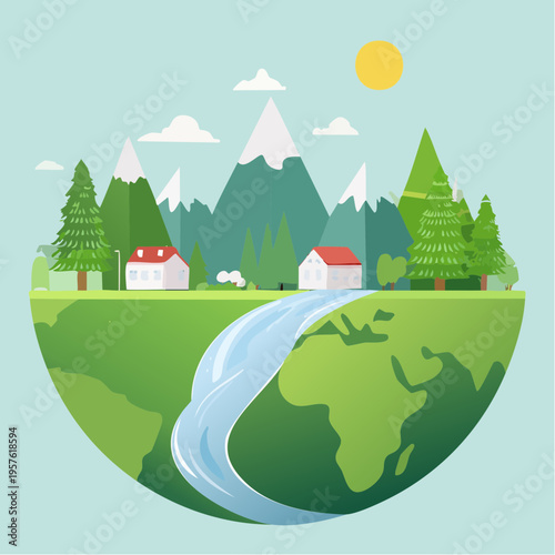 Illustration de la Terre avec nature, montagnes et maisons, symbole d’écologie et d’harmonie
