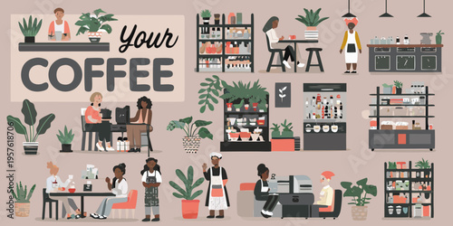 A vibrant illustration depicting a bustling and modern coffee shop scene