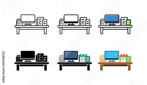 Office Task Icons Grid. Workday tasks icon depicting desks, computers, documents, calendars, and checklists representing daily
