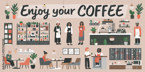 A bustling coffee shop scene with diverse people and vibrant decor