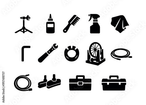 Solid vector icons of cycling maintenance: bike stand, chain lubricant, cleaning brush, degreaser bottle, rag cloth, hex key,
