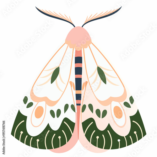 Stylized pink and white moth illustration with detailed wing patterns