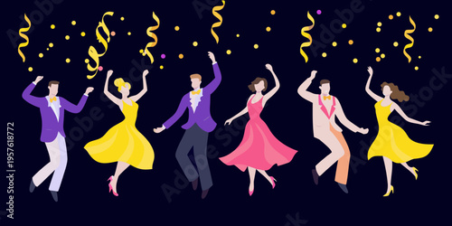 Celebratory group of people dancing with confetti on a dark background