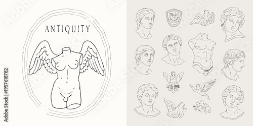 Antique sketches of classical sculptures and fragments in linear style