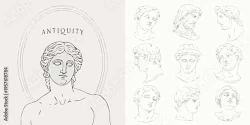 Antique sketches of classical busts and a portrait within an oval frame