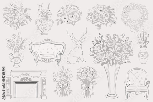 Vintage floral arrangements furniture and decorative elements in a sketch style