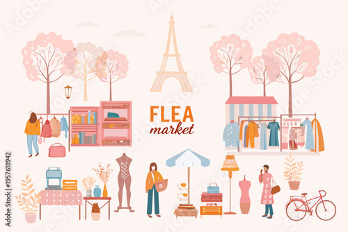 A charming parisian flea market scene with shoppers and the eiffel tower