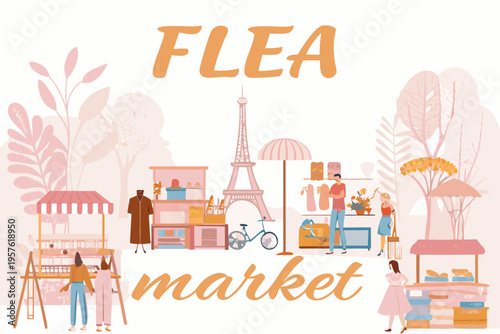 Illustration depicts a bustling flea market scene with parisian landmarks