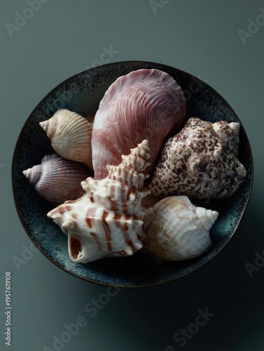 Close-up of a black bowl filled with various seashells. the bowl is round and has a textured surface.