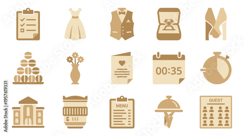 Ceremony planning checklist pad, ivory bridal outfit, formal waistcoat attire, engagement gemstone case, sweet macaron tower,