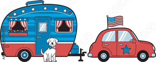 Patriotic family road trip on independence day with dog