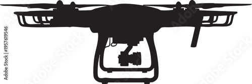 A black silhouette of a drone with a camera
