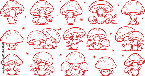 Cute Mushroom Characters Set Red Outline Illustration