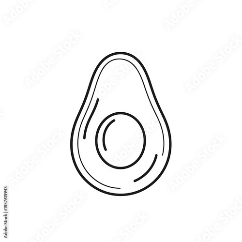 A black line drawing of a halved avocado