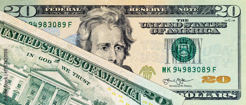 20 US dollar banknote for design purpose. Closeup of assorted American banknotes. US currency.