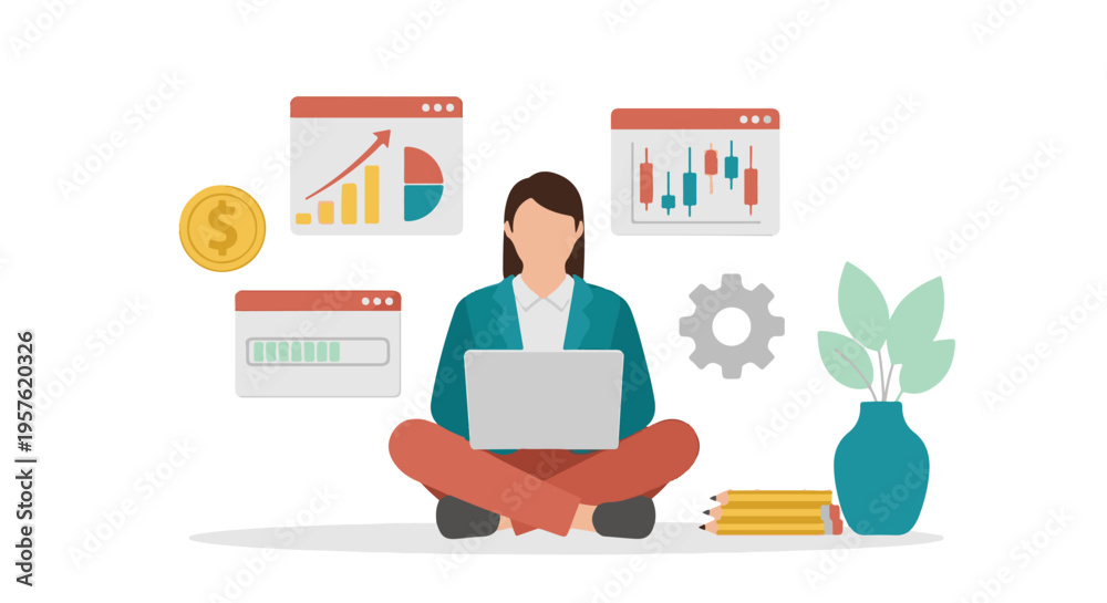Fototapeta premium Woman working on laptop with business analysis and financial growth data