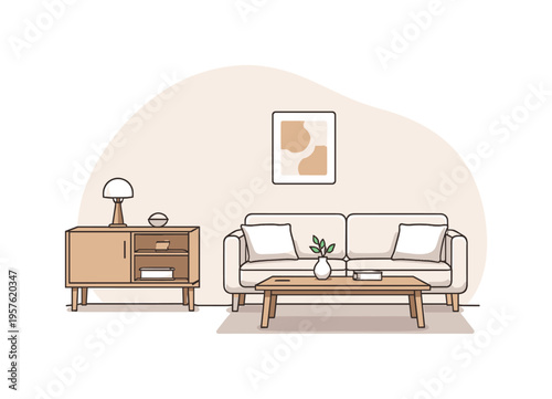 Cozy minimalist living room with sofa, coffee table, and side cabinet