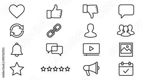 Set of 16 Minimal Black Line Social Media and User Interface Vector Icons