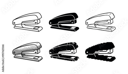 Collection of six different stapler illustrations in various artistic styles and textures