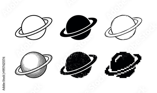 Collection of six stylized planet Saturn icons in various artistic styles and textures