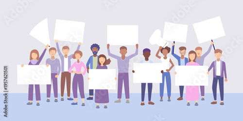 Diverse group of people holding blank signs in a united protest