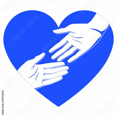 Two hands reaching for each other within a bright blue heart shape