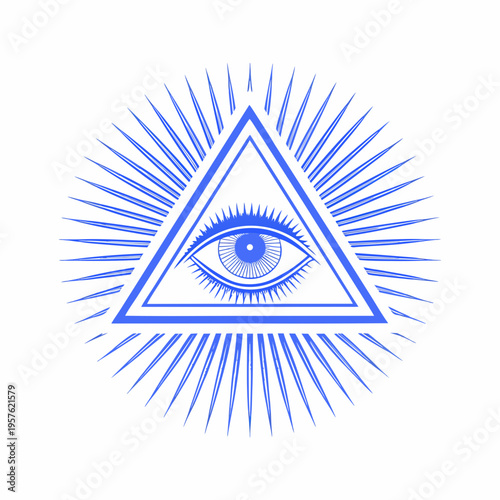 The all seeing eye within a radiant triangular symbol in blue