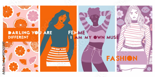 Stylized illustrations of women with floral and textual elements displayed vertically