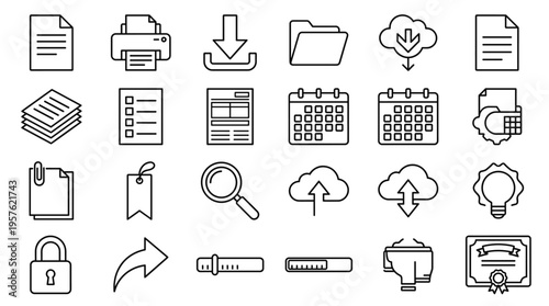 Set of 30 Black Line Document and Data Management Vector Icons