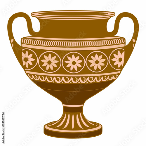 Ancient greek amphora with floral patterns and decorative handles shown isolated