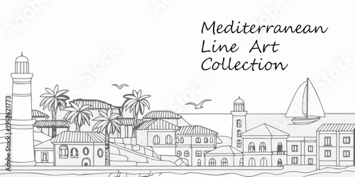 Mediterranean coastal town illustration with lighthouse buildings and sailing ship