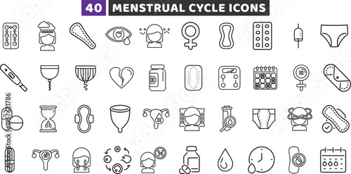 Menstrual cycle and women health line icon set. Vector outline period and hygiene symbols.
