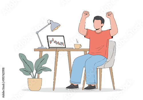 Man celebrating stock market success while trading online at home office