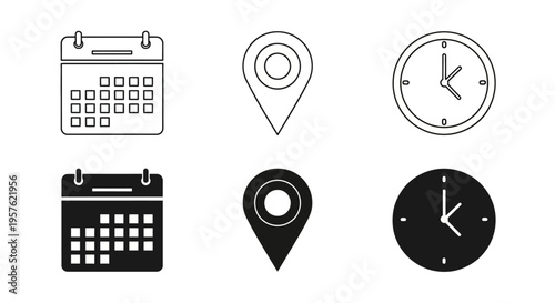 The icons represent a calendar, map pin, clock, and their filled versions.
