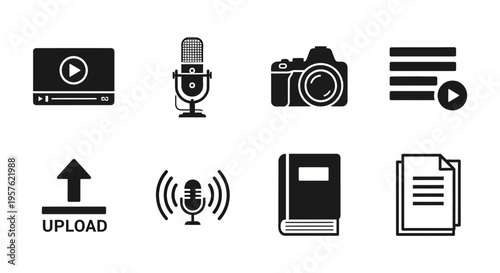 Various media icons are displayed on a clean interface for upload.
