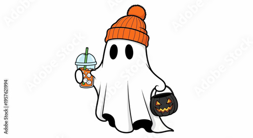 A ghost in an orange beanie holds a jack-o-lantern and an iced drink on Halloween.