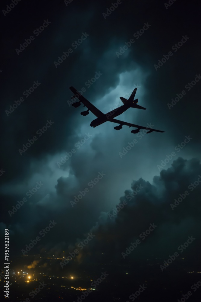 Fototapeta premium Flight through clouds at night over a city with bright lights and smoke in the distance