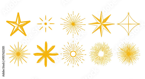 Golden starburst shapes shine brightly in a digital illustration