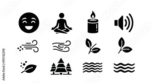 A serene meditation scene with a smiling face, person meditating, candle, and nature elements like leaves, waves, and wind.